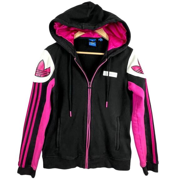 EUC Adidas Black/Pink Full Zip Thick Cotton Hooded RETRO STREETWEAR Jacket M - Picture 1 of 15